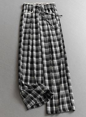蕾丝花边撞色格子系带松紧腰宽松显瘦直筒休闲裤阔腿裤女长裤V468