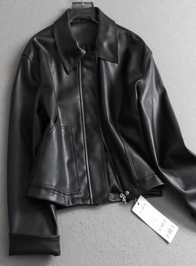 超火酷飒风复古纯色翻领机车服2025秋季新款短款女外套小皮衣V348