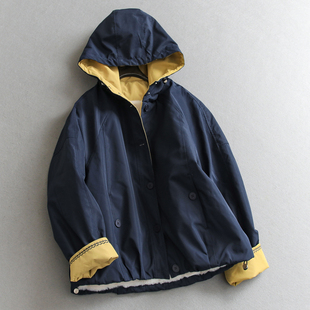 外套Q656 百搭休闲女装 撞色刺绣袖 口连帽加绒加厚保暖宽松棉服长袖