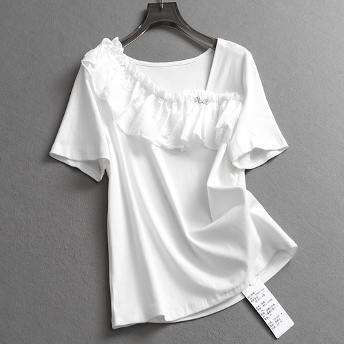 纯色捏褶荷叶边不规则领口女T恤