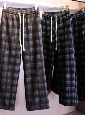 格纹系带松紧腰宽松直筒裤拖地裤2025秋季新款阔腿休闲裤女裤B340