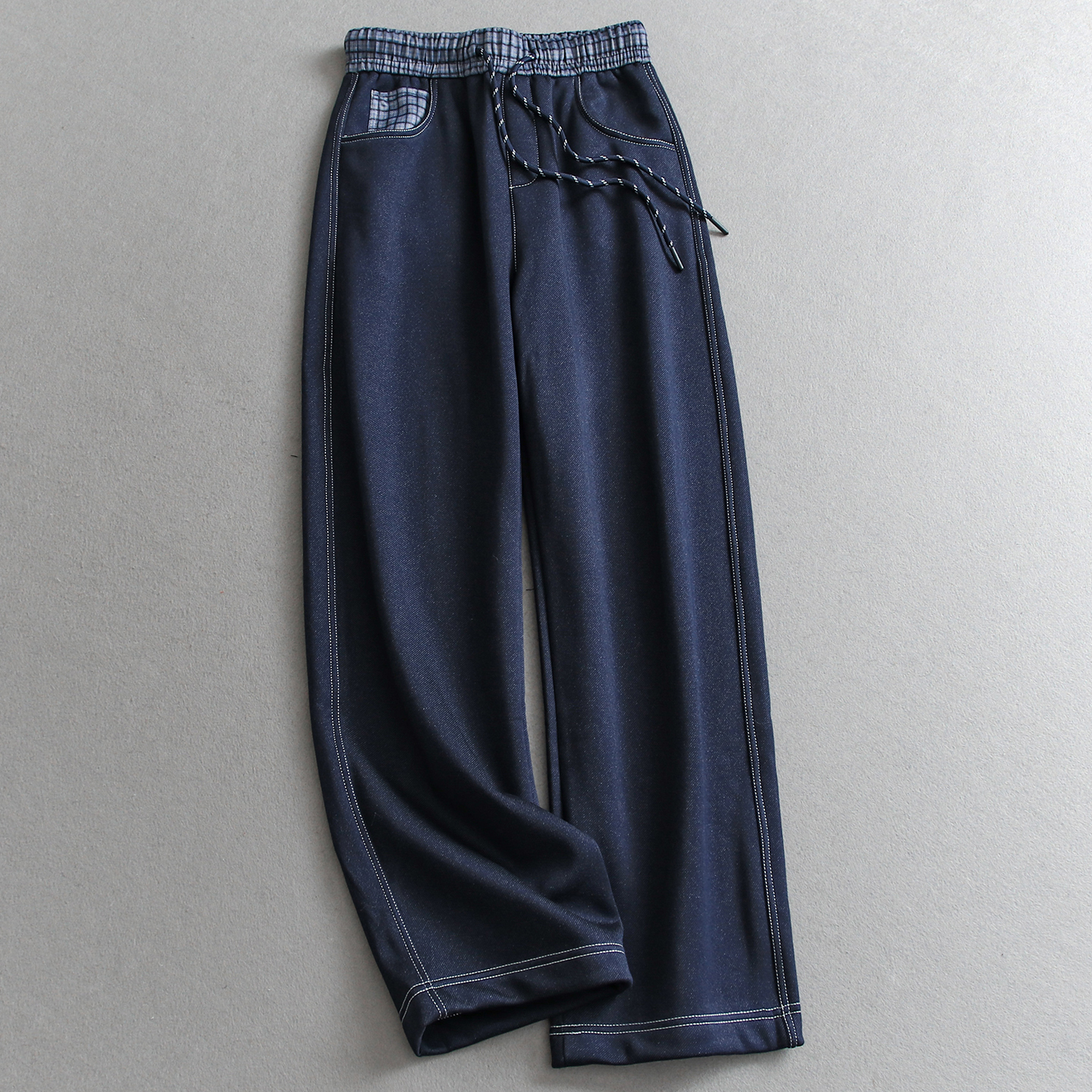 格纹拼接腰头加绒宽松直筒休闲裤