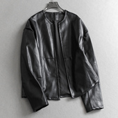 荔枝纹圆领简约无扣门襟宽松老钱风飞行夹克外套长袖 皮衣M476 女装