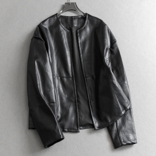 荔枝纹圆领简约无扣门襟宽松老钱风飞行夹克外套长袖 皮衣M476 女装