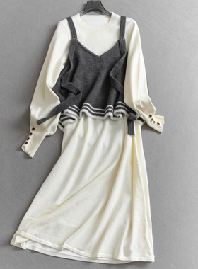 撞色裙套装圆领收腰长袖减龄针织毛衣裙叠搭两件套女裙连衣裙Q126