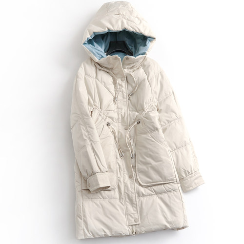 纯色口袋抽皱收腰修身连帽棉衣女