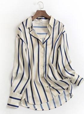 G419竖条纹翻领单排扣春季新款2023通勤气质长袖OL百搭女衬衫衬衣