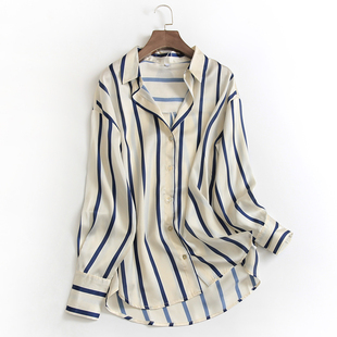 OL百搭女衬衫 2023通勤气质长袖 衬衣 新款 G419竖条纹翻领单排扣春季