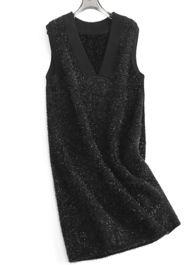 无袖亮丝针织直筒裙V领背心裙2025春季新款叠搭女短裙连衣裙J535