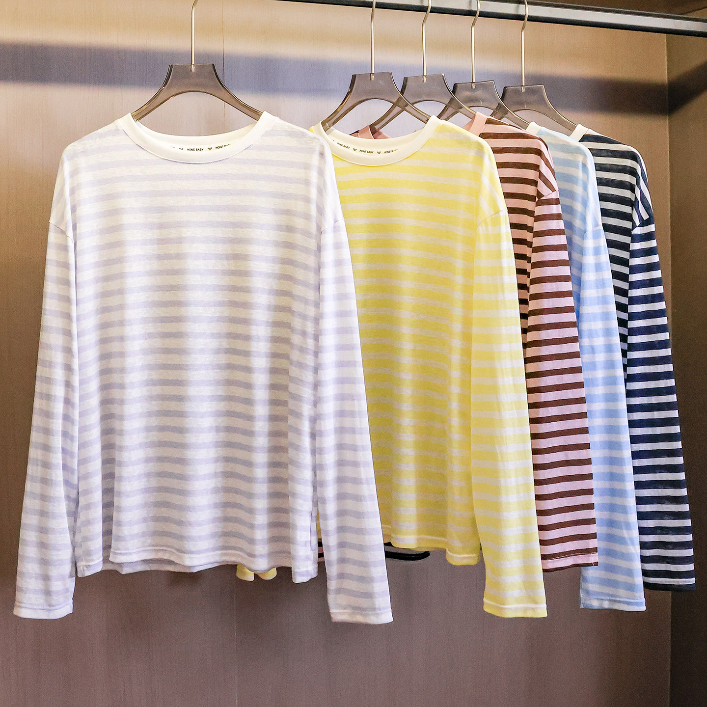 撞色条纹宽松凉感薄款宽松外搭2026春新款长袖防晒罩衫女T恤W311