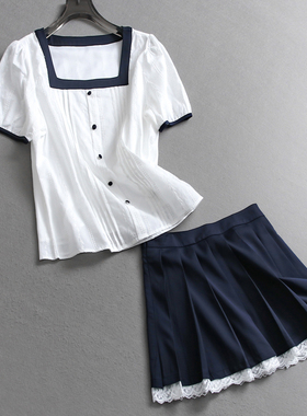 撞色方领刺绣风琴褶皱泡泡短袖衬衫可配一整套半身裙女套装X978