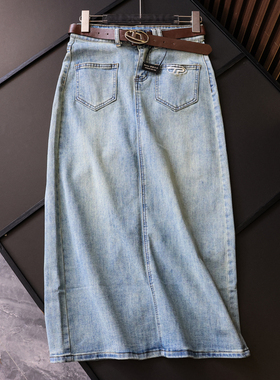 配腰带显瘦高腰梨型身材遮跨口袋包臀裙开叉长裙女牛仔半身裙L817