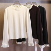 含羊毛仿德绒质感撞色立领花边显瘦打底衫 长袖 减龄百搭女T恤Q425