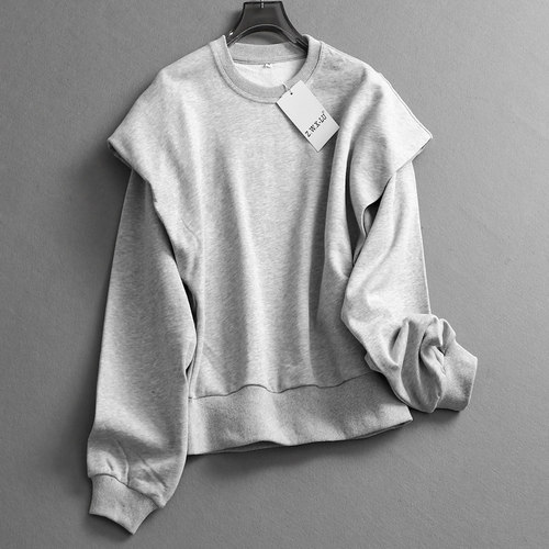 纯色宽松打褶假两件圆领落女卫衣