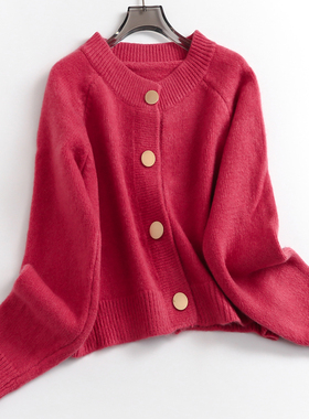 纯色宽松慵懒风圆领单排扣插肩长袖针织外套秋冬新款女装毛衣B183