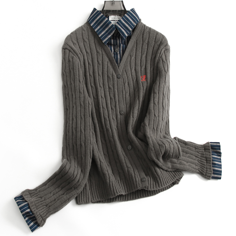 条纹拼接假两件衬衫领显瘦毛衣女