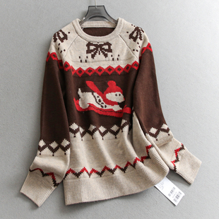 针织衫 减龄百搭女装 Q732 圆领宽松套头毛衣长袖 滑雪小狗提花插肩袖