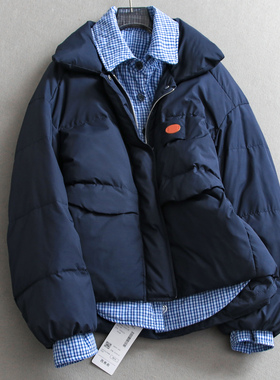 80白鸭绒！撞色格纹拼接假两件衬衫领保暖面包服外套女羽绒服M576