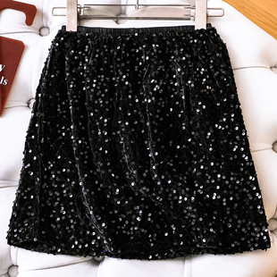 纯欲重工亮片丝绒松紧腰防走光包臀短裙a字裙韩系女裙半身裙Q804