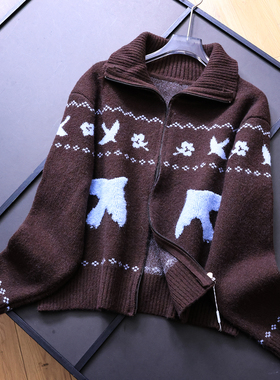 费尔岛撞色提花翻领针织开衫外套2025秋季新款长袖百搭女毛衣B480