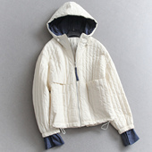 撞色格纹假两件连帽夹棉宽松显瘦加厚保暖长袖 外套女棉衣棉服Q602