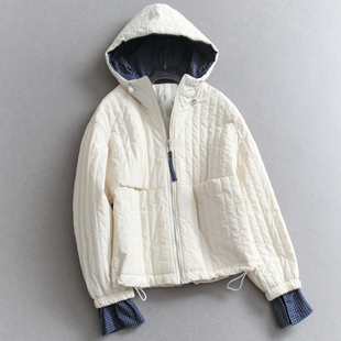 撞色格纹假两件连帽夹棉宽松显瘦加厚保暖长袖 外套女棉衣棉服Q602