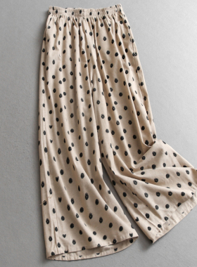 波点棉麻松紧腰显瘦高腰宽松阔腿裤山本裤百搭休闲裤女九分裤C287
