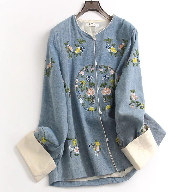 蓝色绣花卷边长袖单排扣新中式国风汉服新款长袖女牛仔短外套M202
