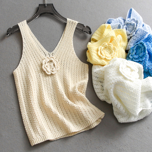 针织吊带女装 立体花朵显瘦短款 新款 坎肩2025夏季 背心C325 V领无袖