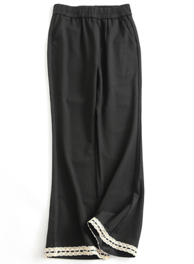 蕾丝裤脚松紧腰显瘦高腰微喇裤小香风黑色长裤阔腿裤女休闲裤K269