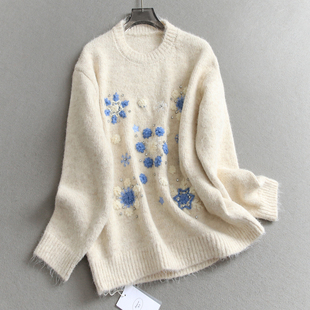 Q644 针织衫 撞色重工刺绣慵懒风圆领宽松显瘦洋气减龄毛衣长袖 女装