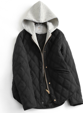 撞色可拆卸两件套连帽薄菱格2024冬季长袖夹克外套女棉衣棉服G057