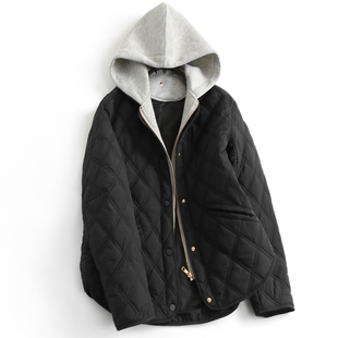 撞色可拆卸两件套连帽薄菱格2024冬季 夹克外套女棉衣棉服G057 长袖
