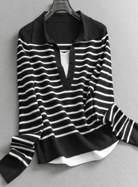 拼接假两件条纹翻领套头针织衫2025秋冬新款弹力打底衫女毛衣M931