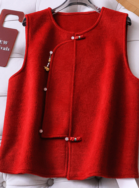 小葫芦挂件新中式国风毛呢无袖坎肩背心2026春季双面呢女马夹W340