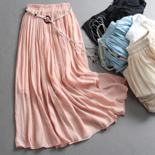 纯色系腰带高腰显瘦飘逸仙女裙伞裙文艺范a字中长裙半身裙女Z745