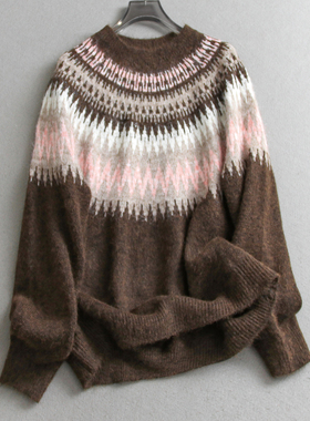 费尔岛提花慵懒显瘦软糯亲肤保暖套头毛衣插肩长袖女装针织衫W023