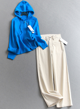 简约百搭纯色连帽拉链开衫毛衣可配一整套高腰直筒牛仔裤套装M385