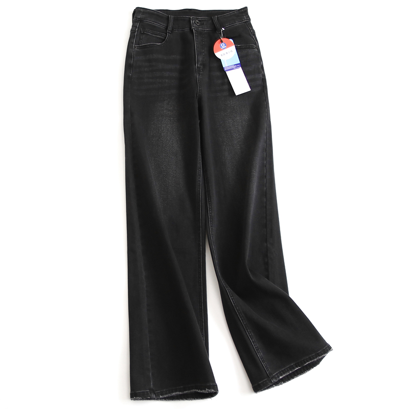 加绒加厚磨白高腰弹力宽松牛仔裤