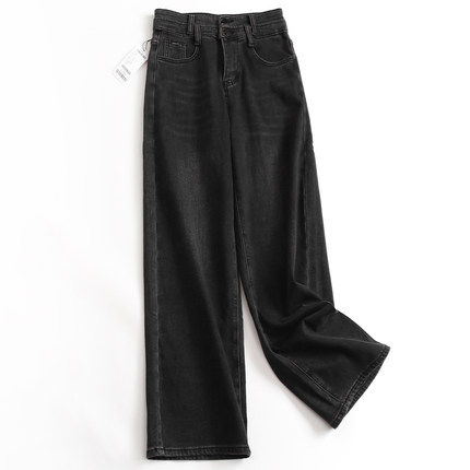 深灰加厚弹力两粒扣显瘦高腰宽松直筒裤百搭阔腿牛仔裤女长裤G175