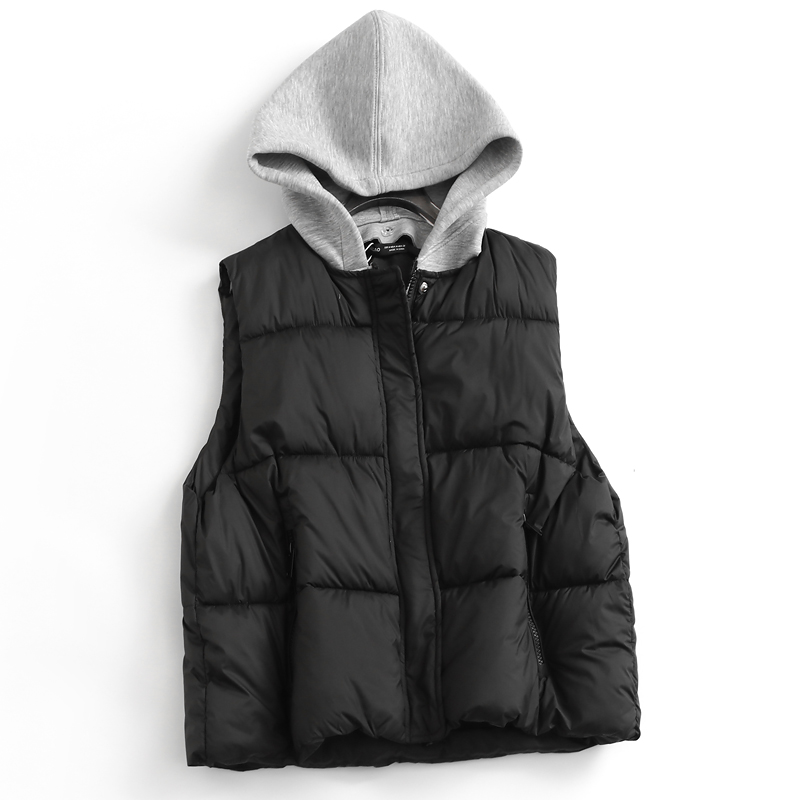 撞色可拆卸连帽无袖棉服背心外套