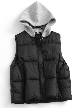 撞色可拆卸连帽无袖棉服背心外套2024冬新款百搭坎肩女装马夹H273