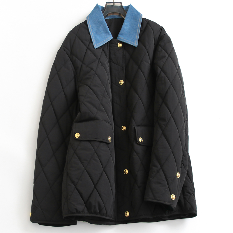 假两件衬衫式翻领绗缝宽松女棉衣