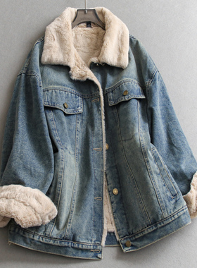 加绒加厚！纯色宽松显瘦翻领保暖毛茸茸夹克长袖女装牛仔外套M379