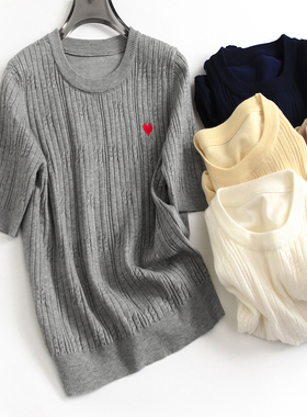 吸湿透气软糯舒适爱心刺绣2025春季弹力显瘦短袖T恤女针织衫J821