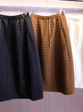 纯色小方格绗缝抽绳松紧腰夹棉加厚a字裙长裙显瘦长裙半身裙B556