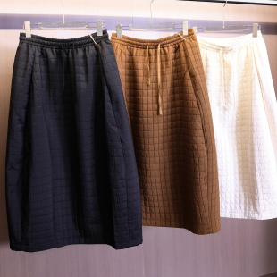 纯色小方格绗缝抽绳松紧腰夹棉加厚a字裙长裙显瘦长裙半身裙B556