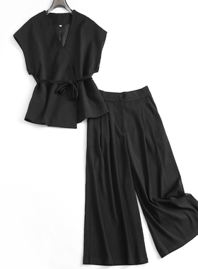 黑色包袖系腰带显瘦V领赫本风短袖衬衫+通勤阔腿裤女时尚套装F043