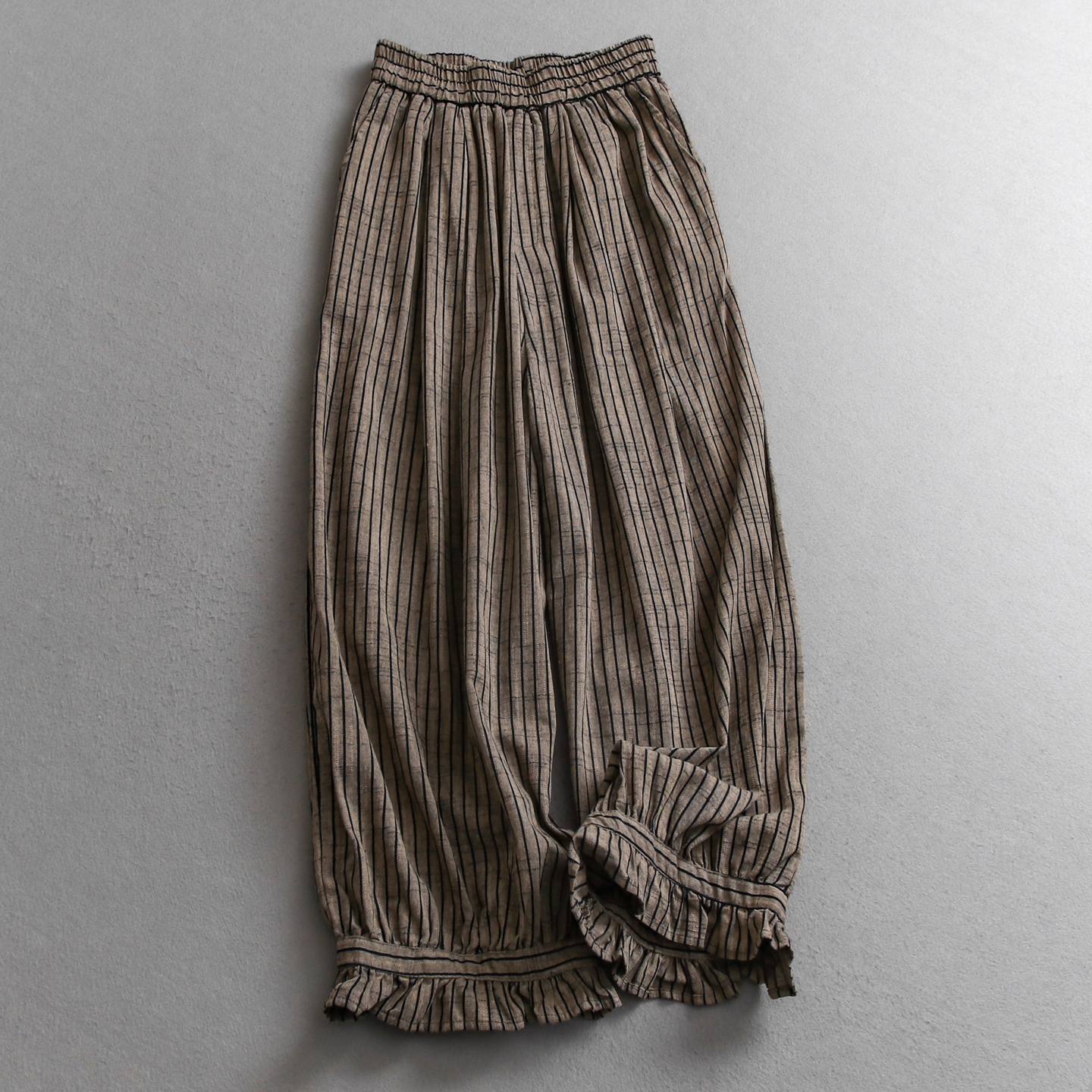 条纹花边裤脚日系文艺显瘦阔腿裤