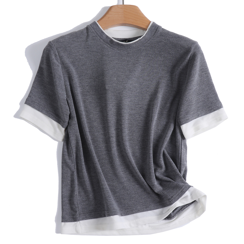 撞色假两件基础款休闲风圆领T恤